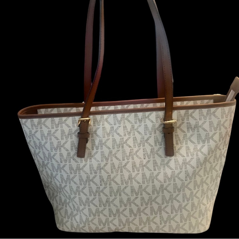 Michael Kors Cream and Brown MK Tote - Picture 2 of 7